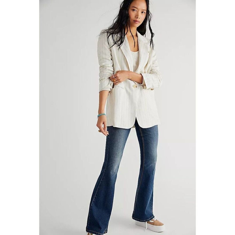 Free People Womens Size L Cream Striped Linen Crosby Blazer NEW Jacket Oversized